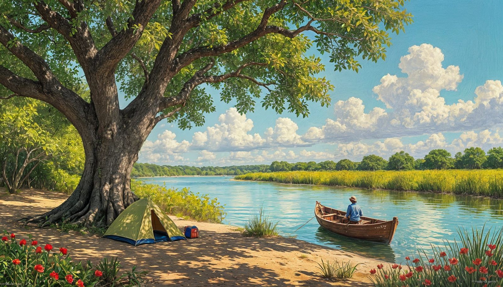 Impressionist Painting of a Fig Tree by a River