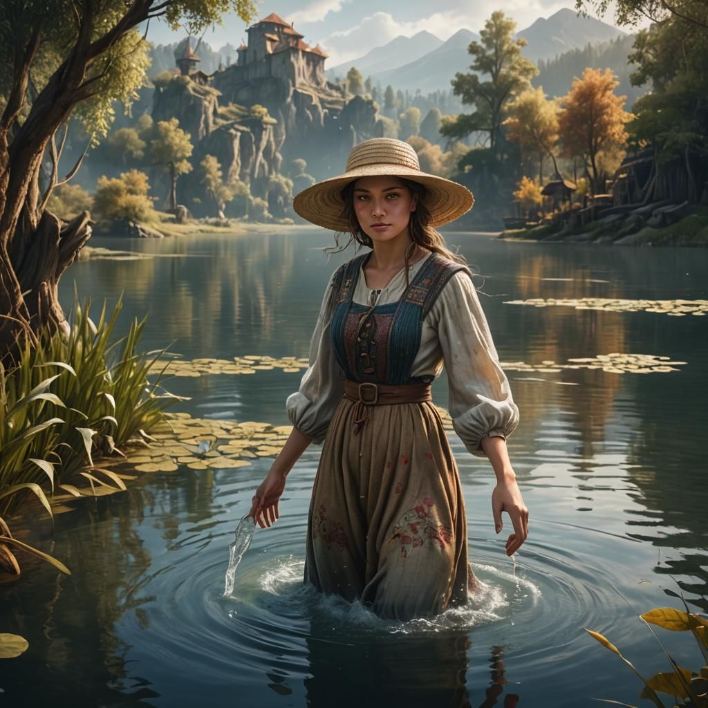 Peasant Girl Touches Lake: Detailed Matte Painting