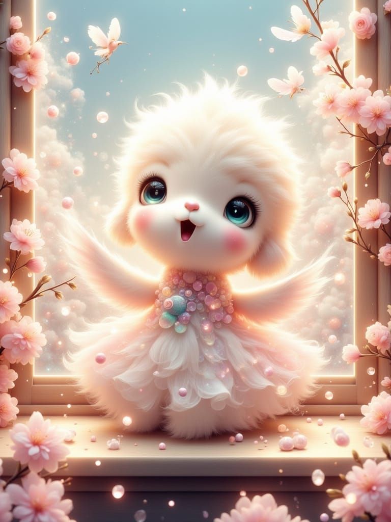 Kawaii Bird Singing Among Cherry Blossoms in Anime Style