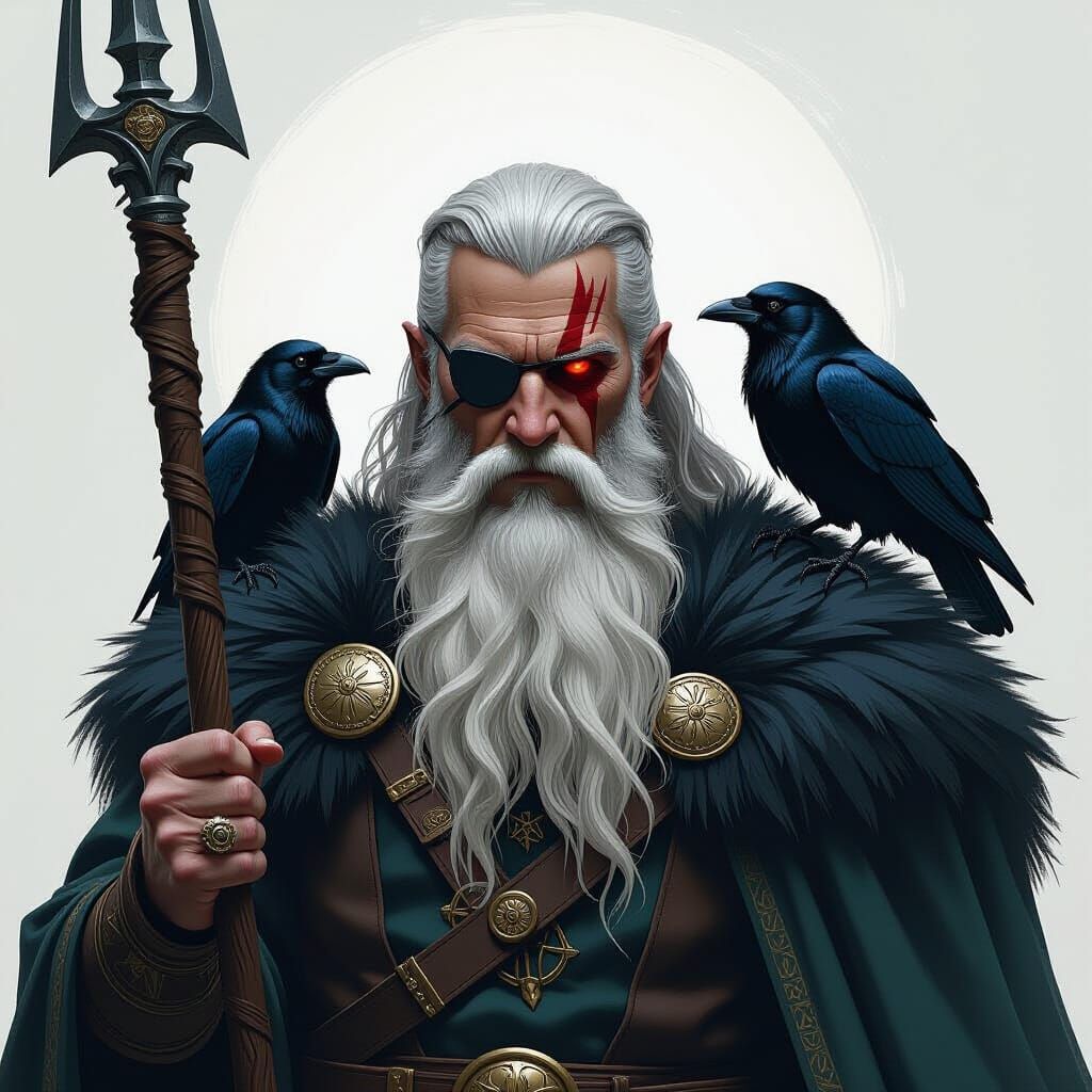 Odin with Gungnir and Ravens, Concept Art Style