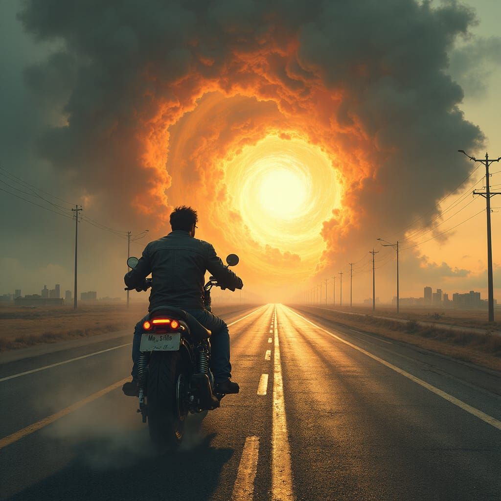 Biker Rides Towards Future City Past Vortex