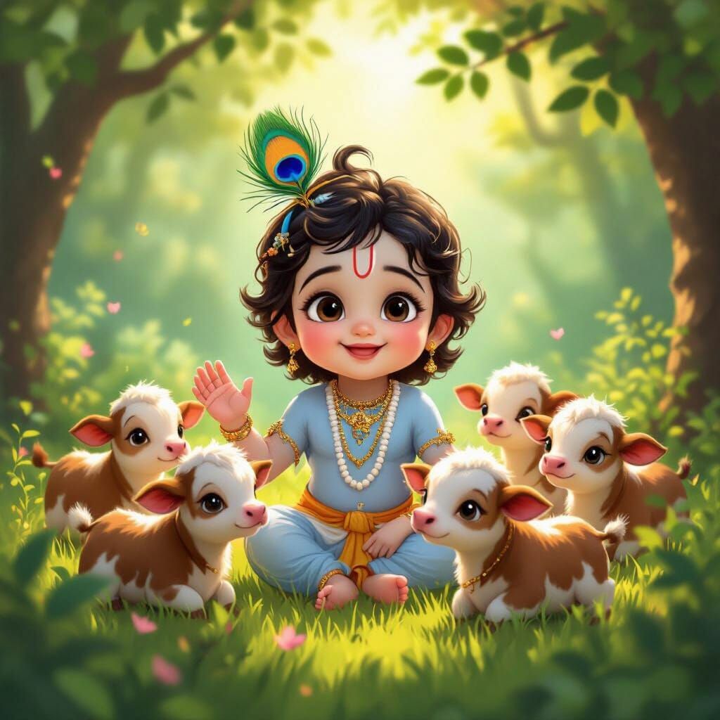 Infant Krishna Playing with Calves in Sun-Dappled Forest