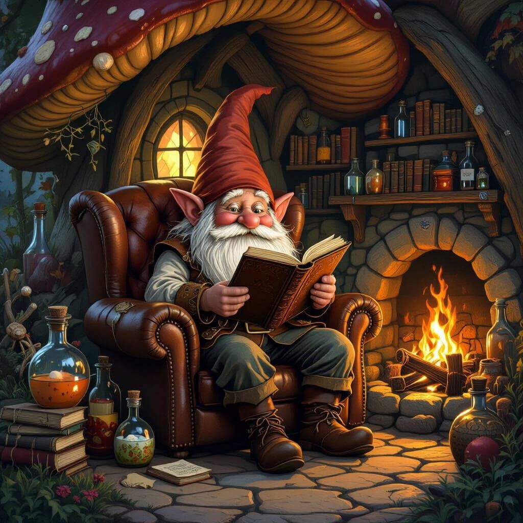Gnome Reading Book in Mushroom Home, Fantasy Illustration