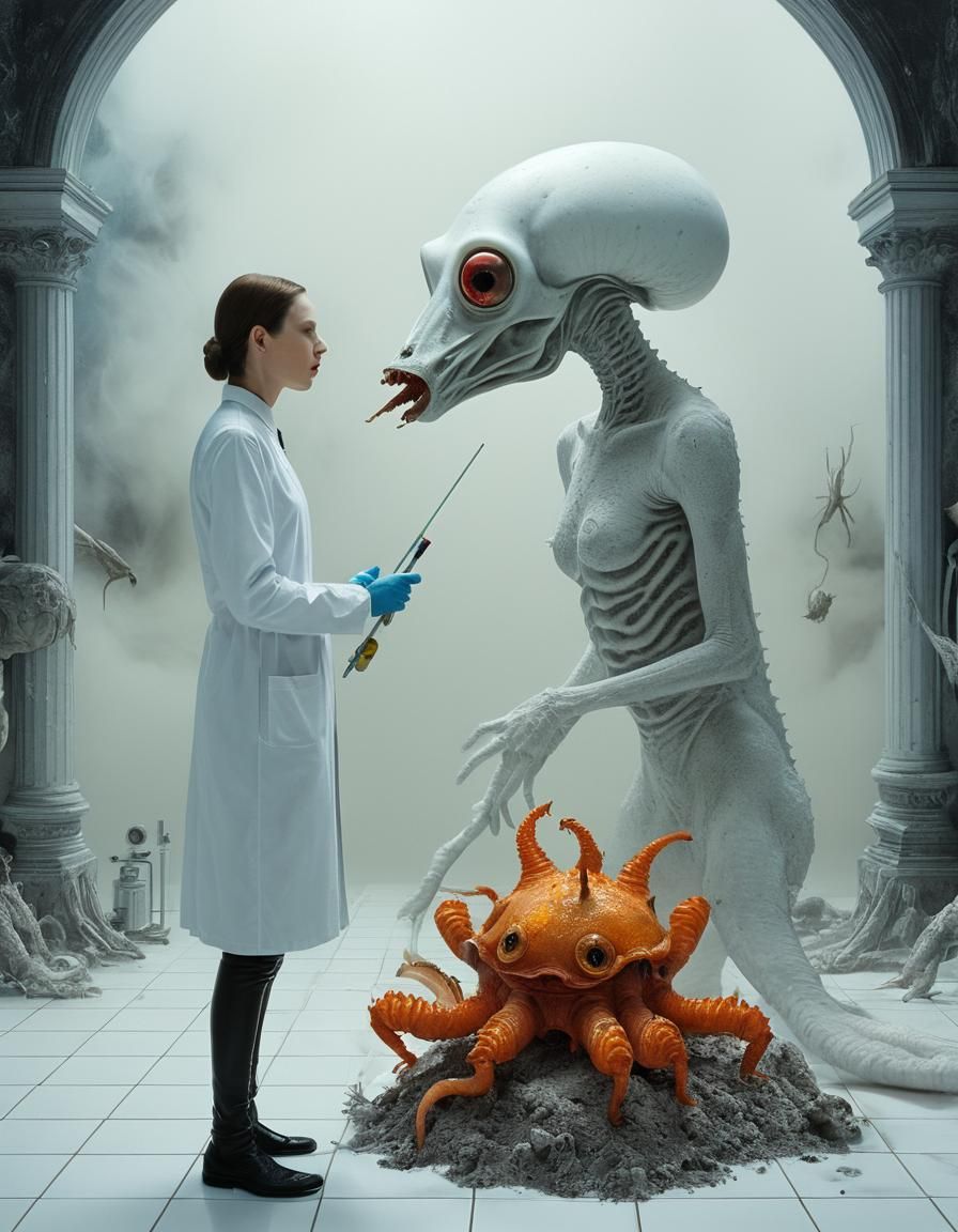 Bizarre Creatures in White Lab: Surreal Matte Painting