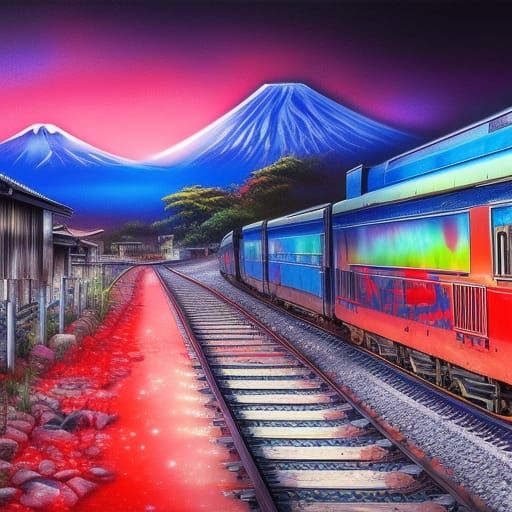 Realistic Japanese Train and Mount Fuji: Digital Art