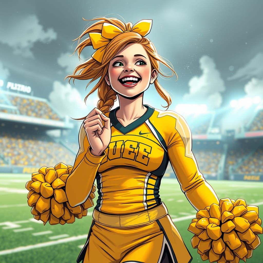 Cheerleader in Yellow Uniform Shines on Football Field in Bl...