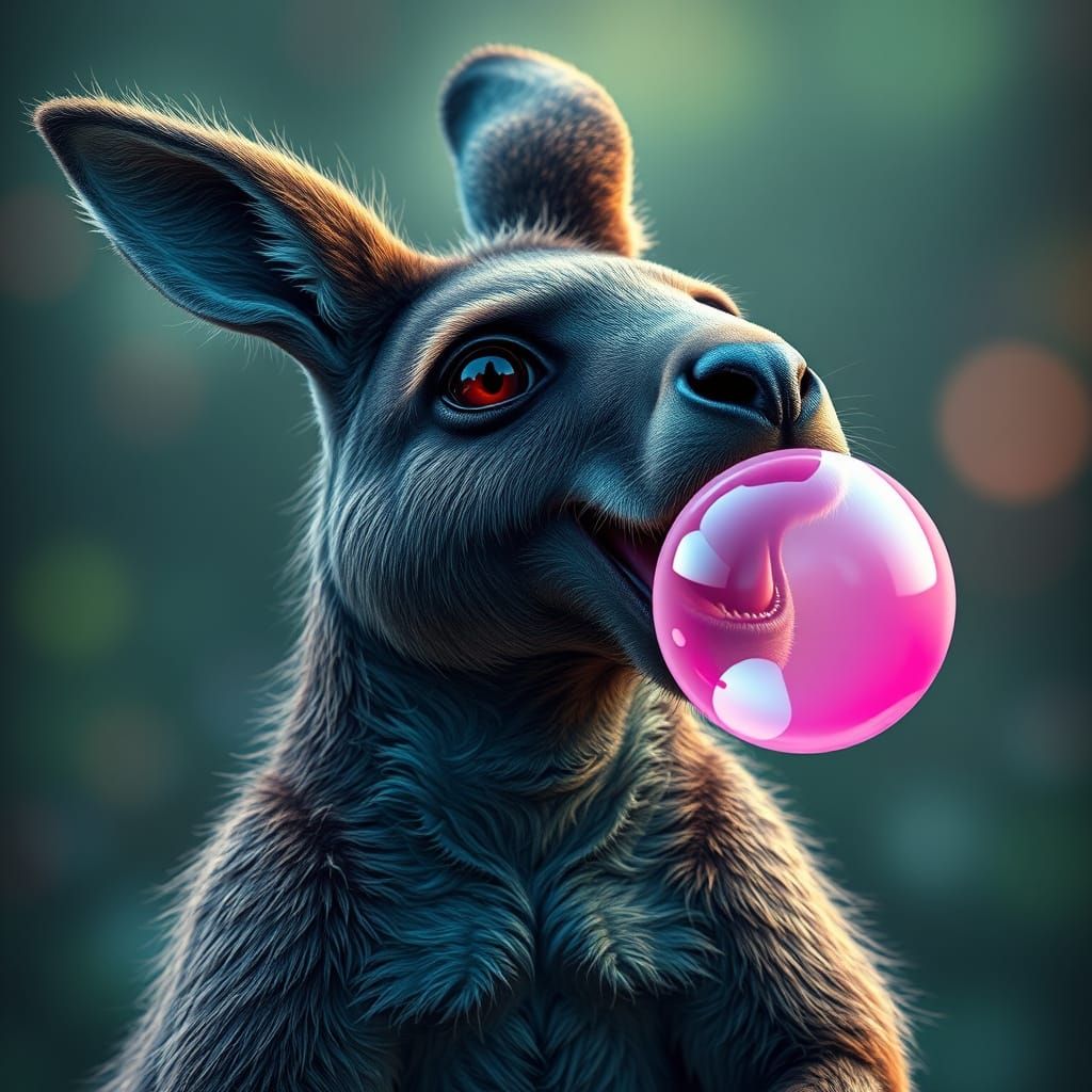 Kangaroo Blows a Vibrant Bubblegum Bubble in Fantastical Sce...