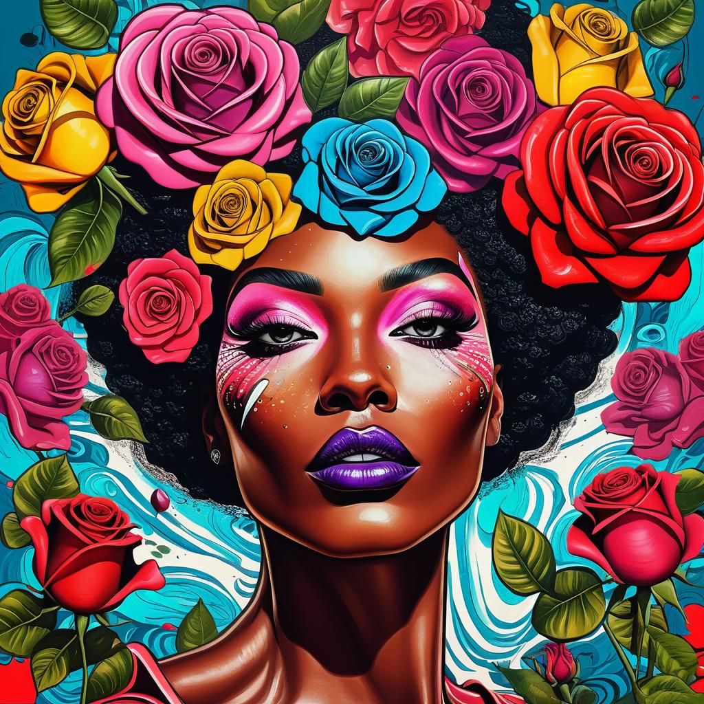 Colorful Surreal Ink Drawing of Roses with Maximalism