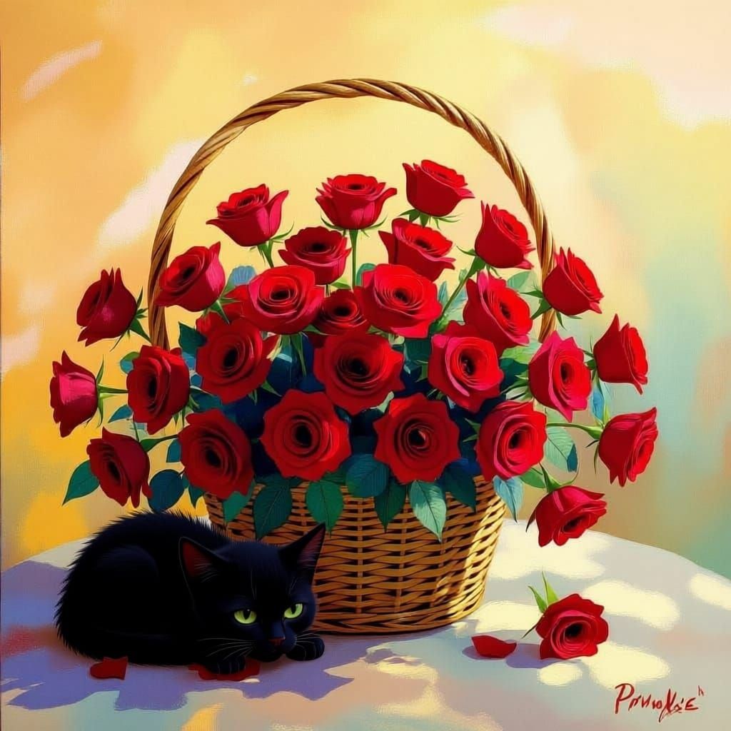 Vibrant Red Roses Basket in Gauguin Impressionist Style