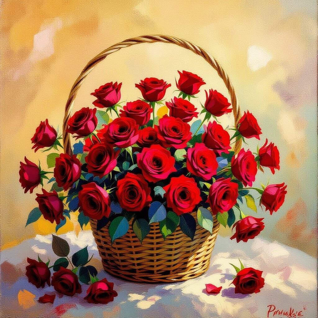 Vibrant Red Roses Basket in Gauguin Impressionist Style
