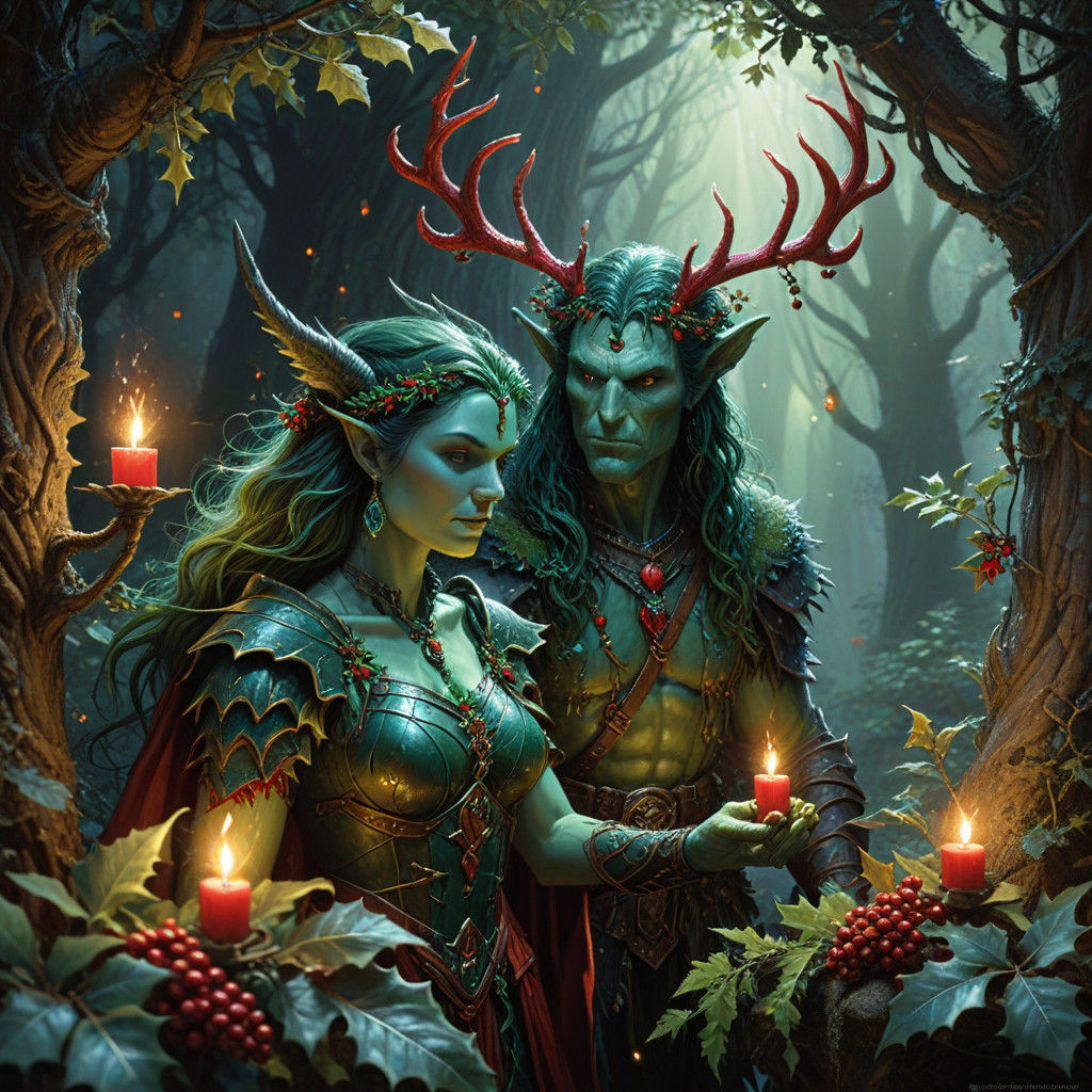 Whimsical Yuletide Spirits Amidst Holly Bush