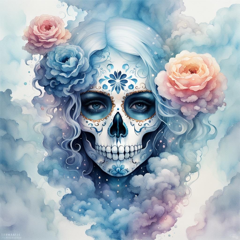 Minimalist Sugar Skull Cloud Art in Digital Illustration