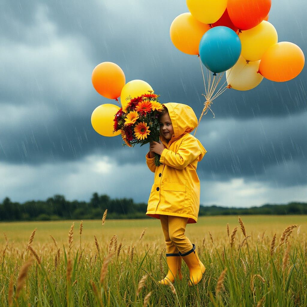 2D inkblot water color wash, a dark cloudy day. Young child standing in a field with flowers & balloons.🪻🎈