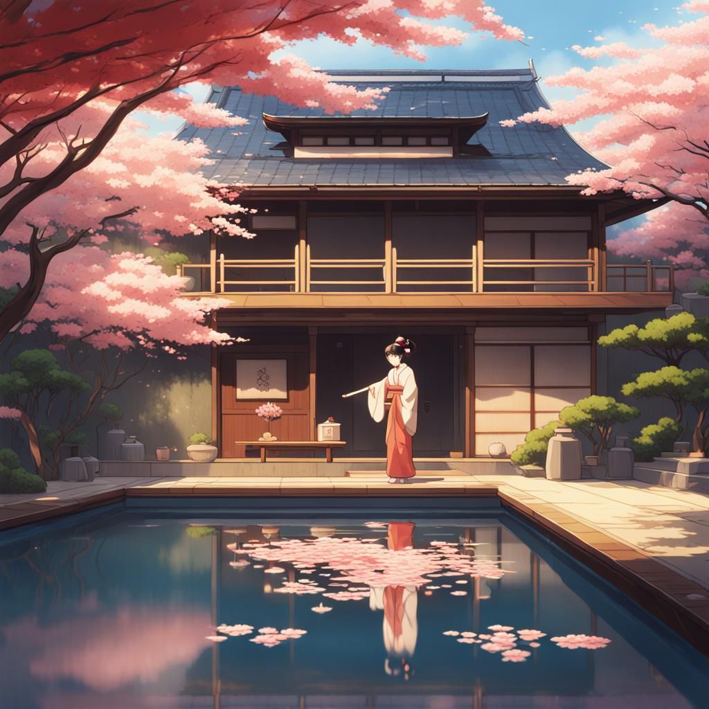 Geisha in Traditional Japanese House: Anime Style