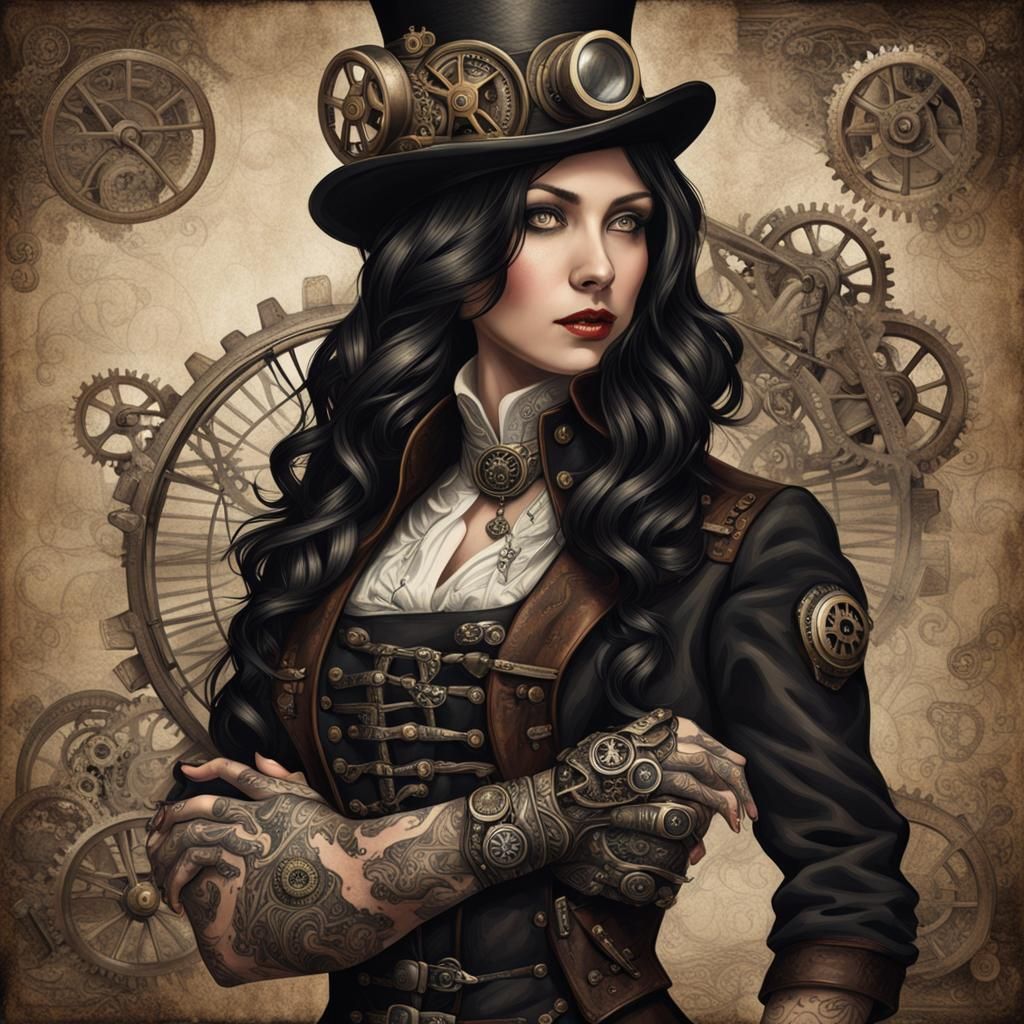 Steampunk Woman with Tattoos and Engine