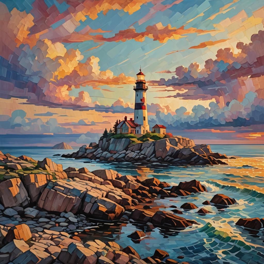 Expressionist Lighthouse on Rocky Shore at Sunset