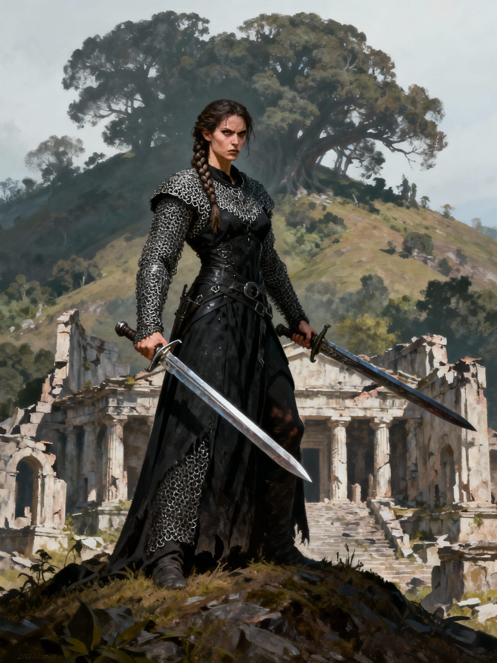 Warrior Woman With Sword in Temple Ruins