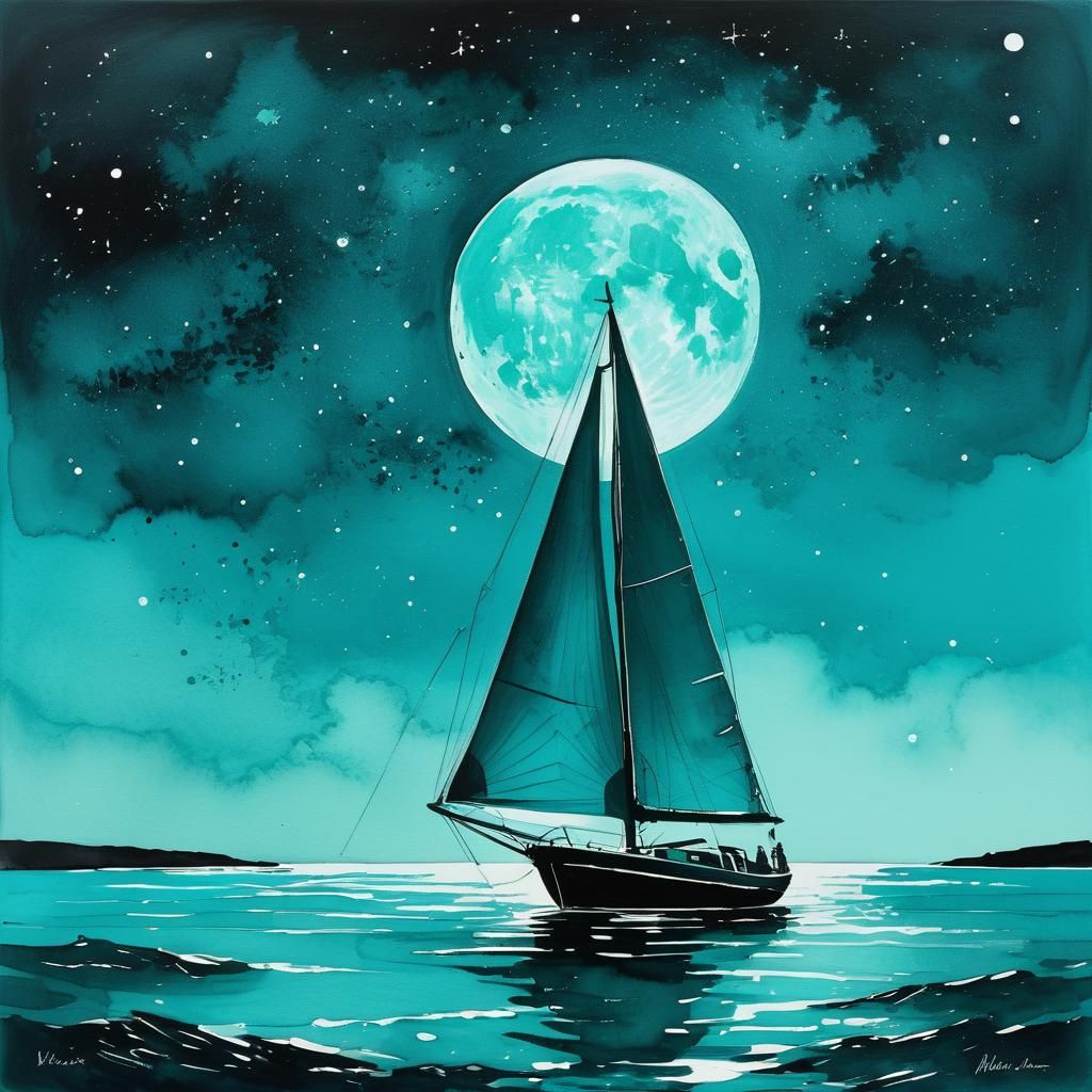 Turquoise Sailboat at Night: Watercolor Style