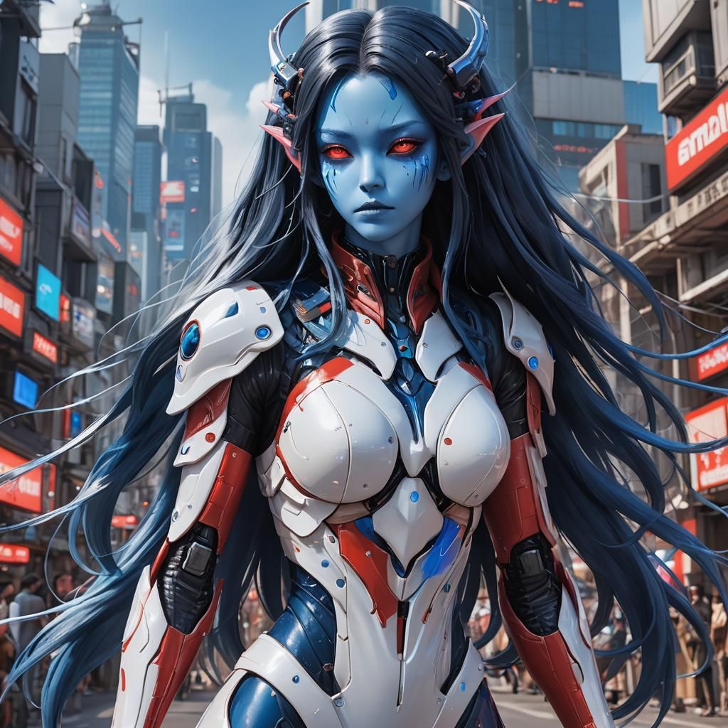 Dreamy Blue-Skinned Alien Girl in Extraterrestrial City