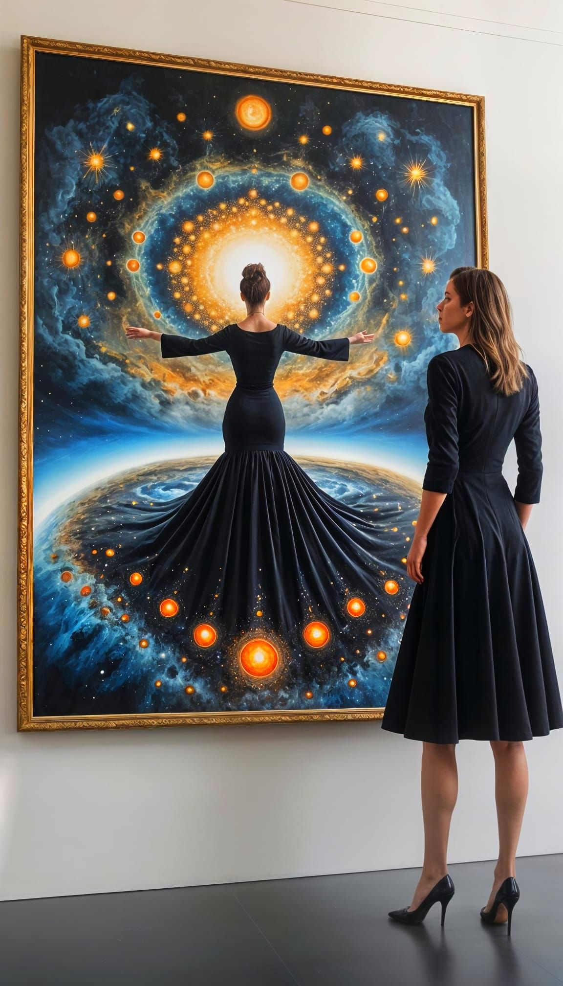Woman Contemplating Celestial Artwork in Abstract Style