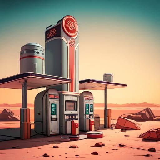 Retro Gas Station on Mars, Detailed Matte Painting