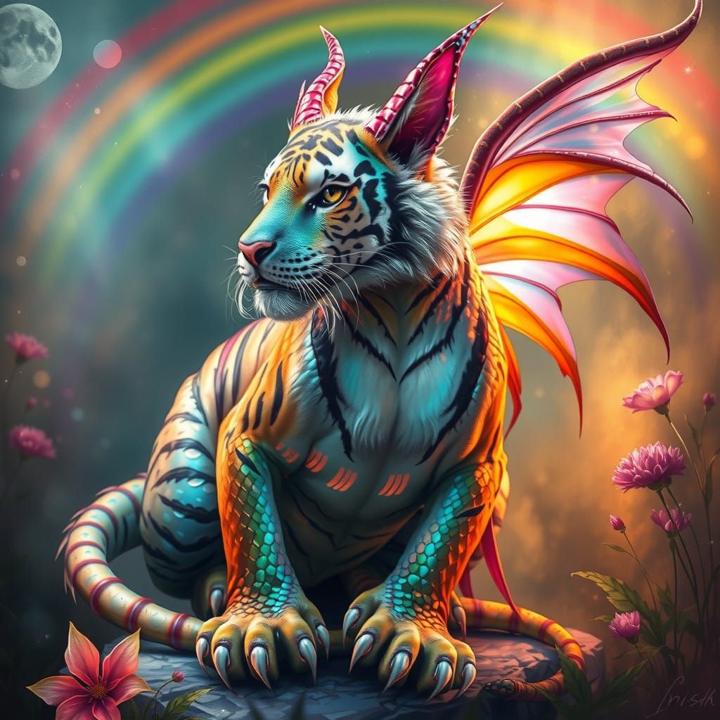 Surreal Fairy Dragon Tiger in Vibrant Fantasy Landscape