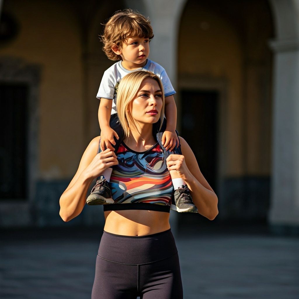 Tall Blonde Italian Woman Carrying Boy in Warm Afternoon Lig...