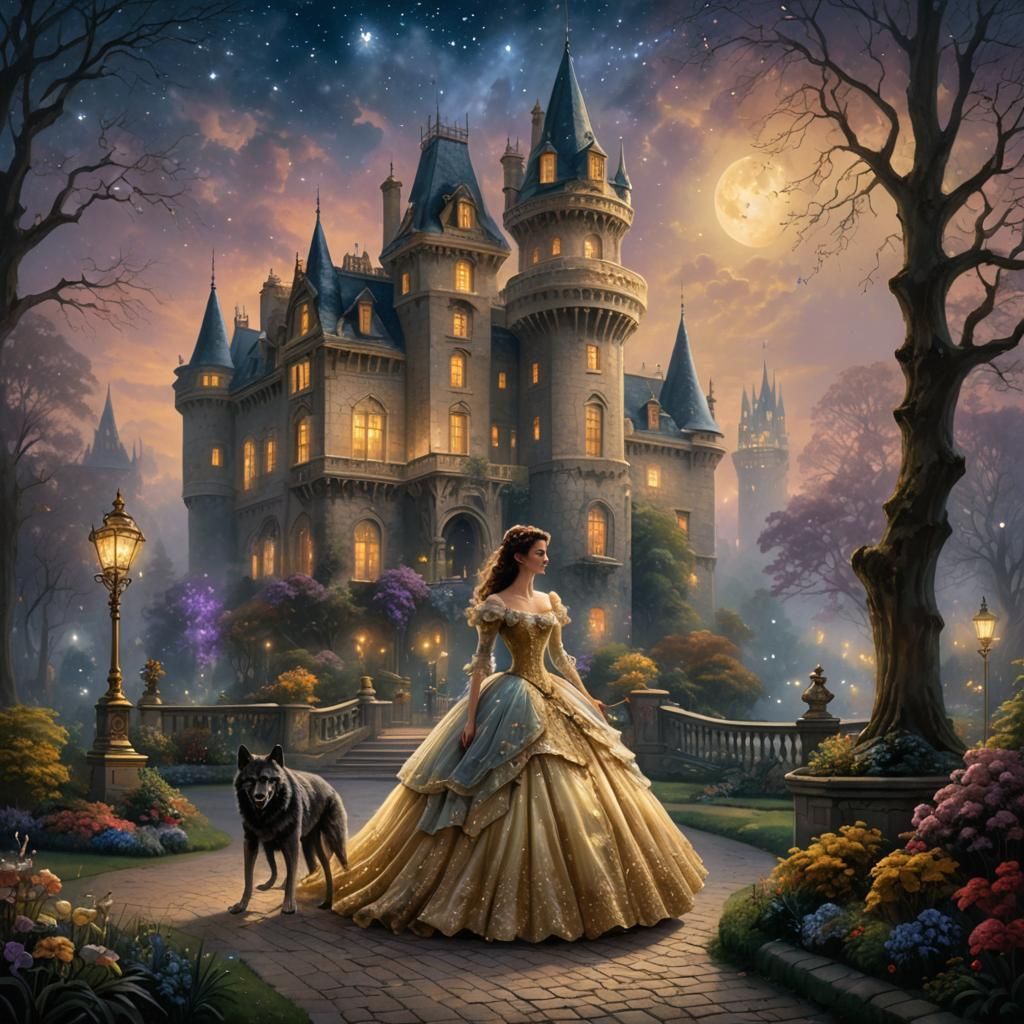 Werewolf and Woman in Victorian Garden, Ethereal Fantasy