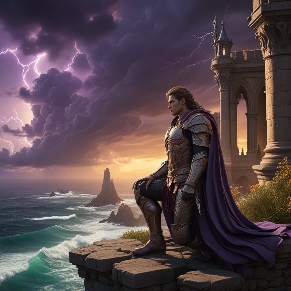 Warrior on Castle Wall Amidst Storm with Dragons