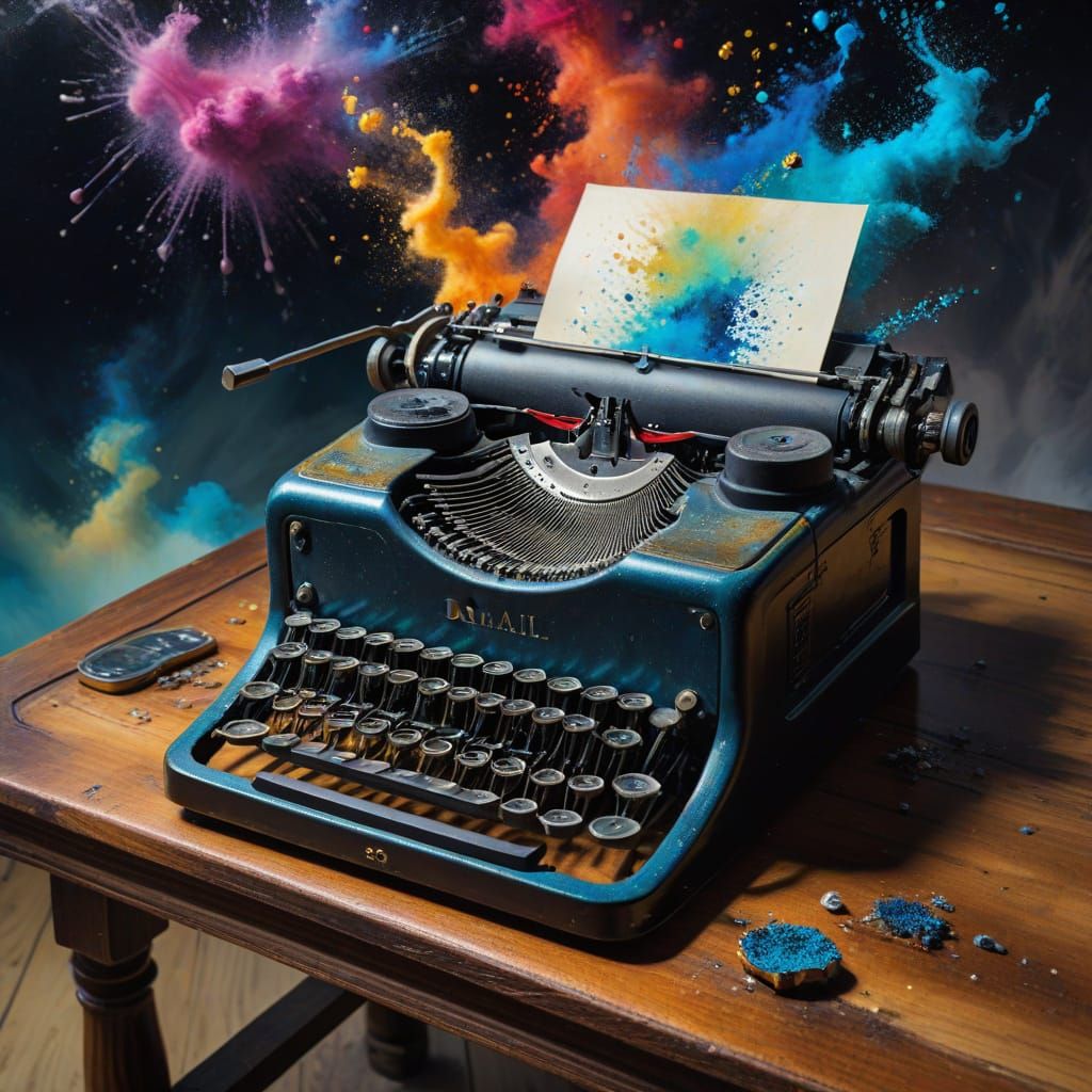 Antique Typewriter Under Cosmic Nebula, Surreal Oil Painting
