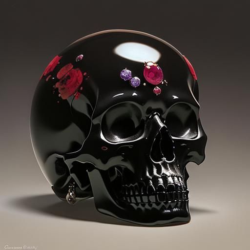 A delicate onyx and ruby skull