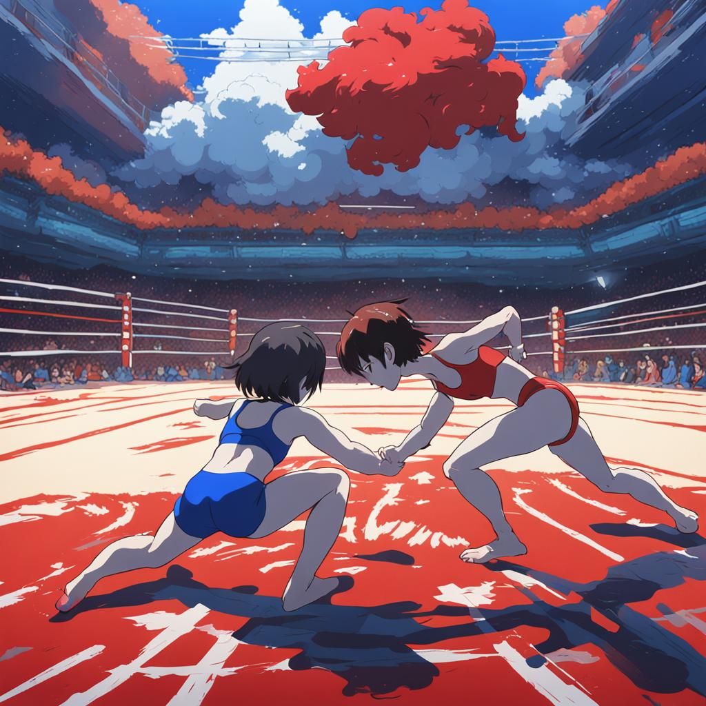 Anime Bikini Wrestling in Studio Ghibli Style