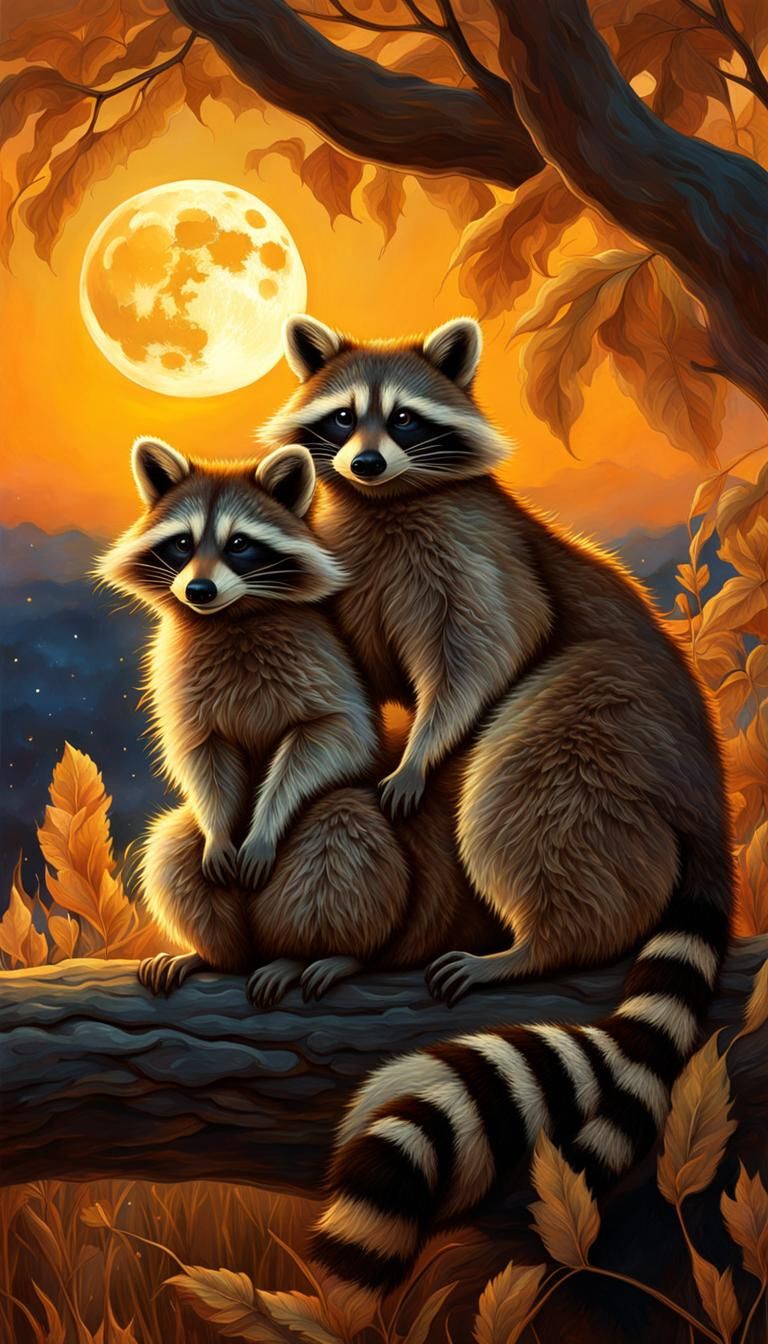 Romantic Raccoons Under Harvest Moon in Art Nouveau Style