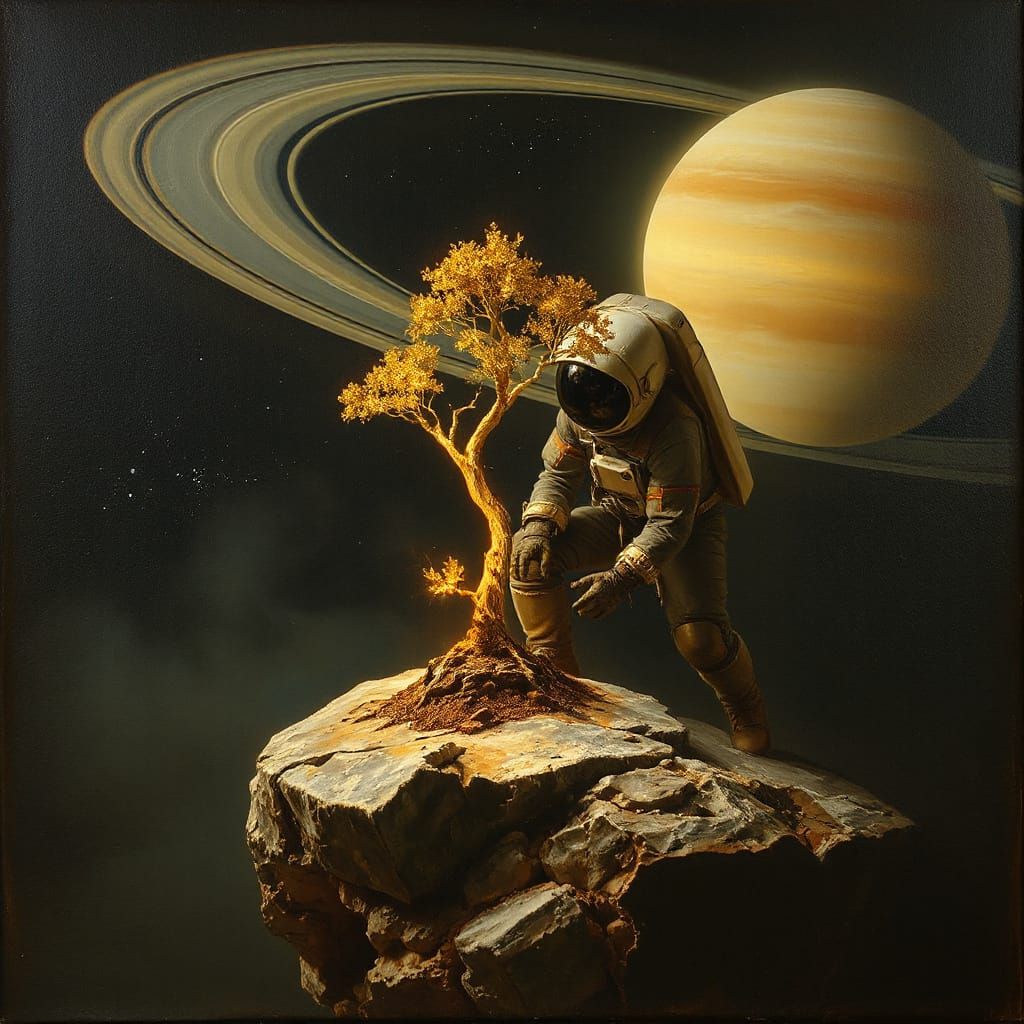Astronaut Plants Celestial Tree Amidst Saturn's Rings