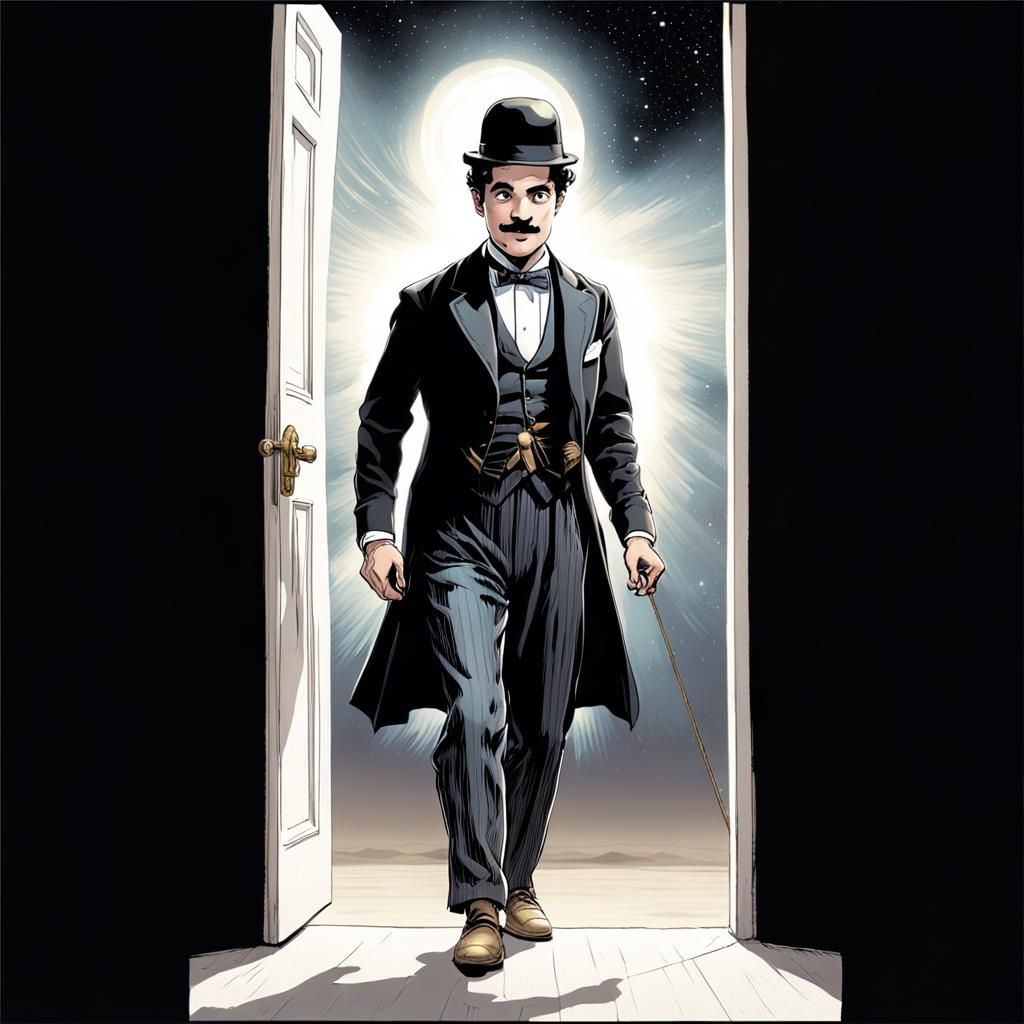 Chaplin-Inspired Cosmic Narrator in Comic Book Style