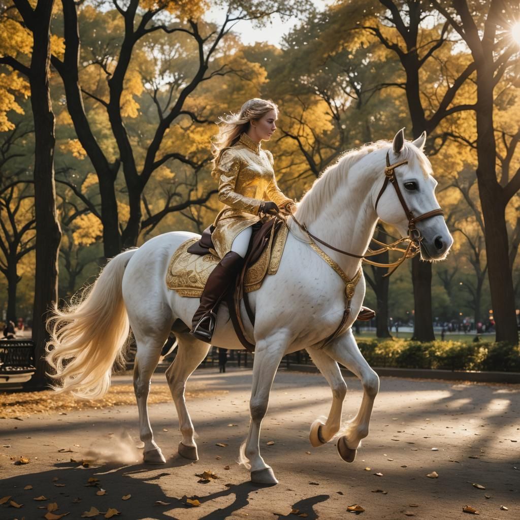 A princess riding a white horse with a golden saddle and bridle at sunset in Central Park