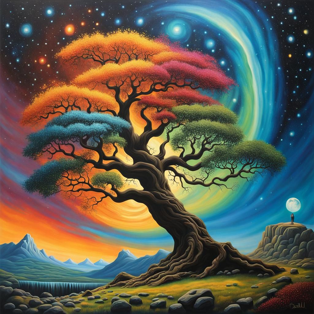 Cosmic Tree with Mythical Creatures, Surreal Oil Painting