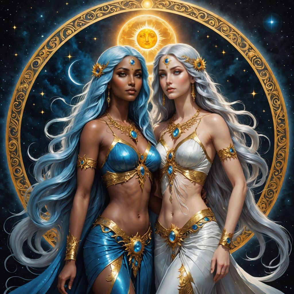Goddesses Embracing in Celestial Harmony