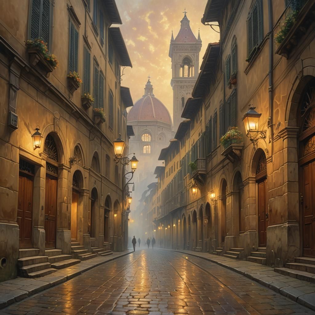 Ethereal Florence Street Scene in Warm, Golden Light