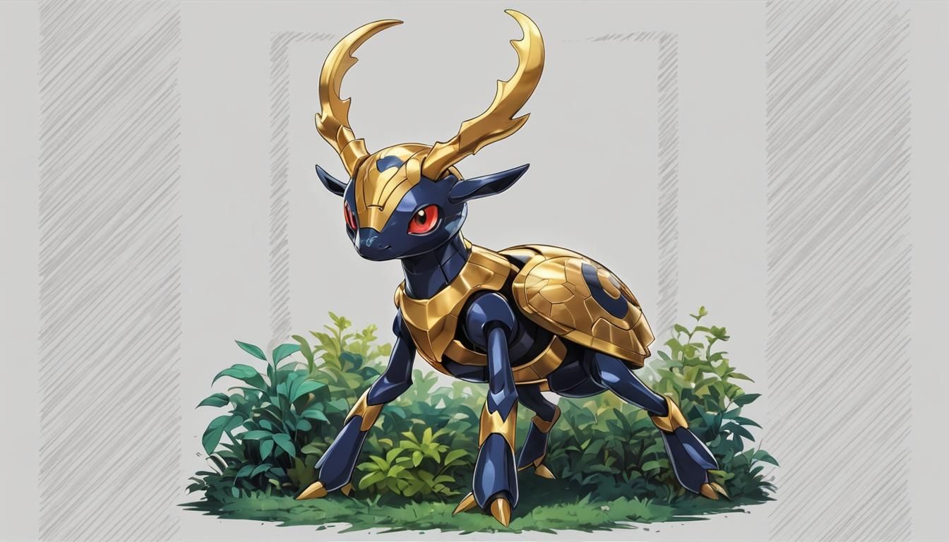 (anime:1.5), portrait of a young quadrupedal bug type stag b...