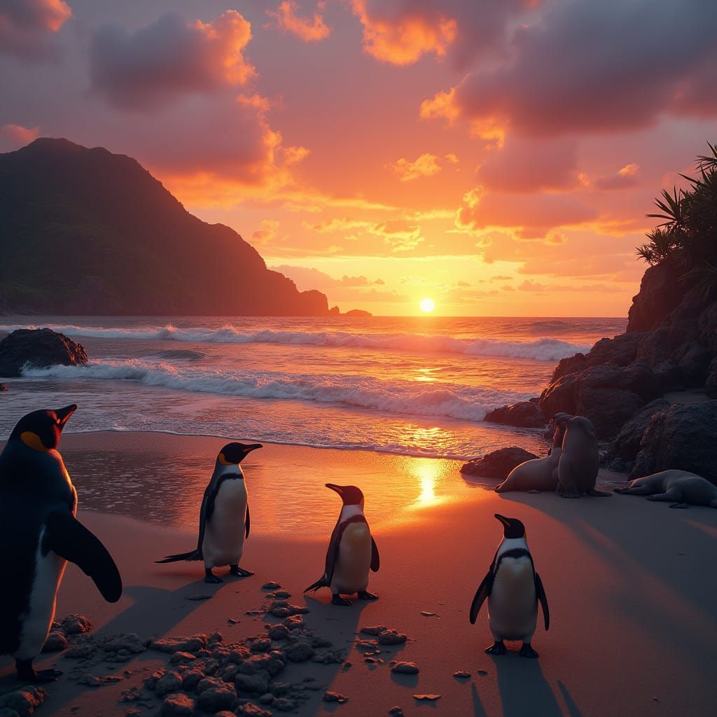 Por do sol en la bahia de maracas/peru, con pinguinos y hermosos leones marinos