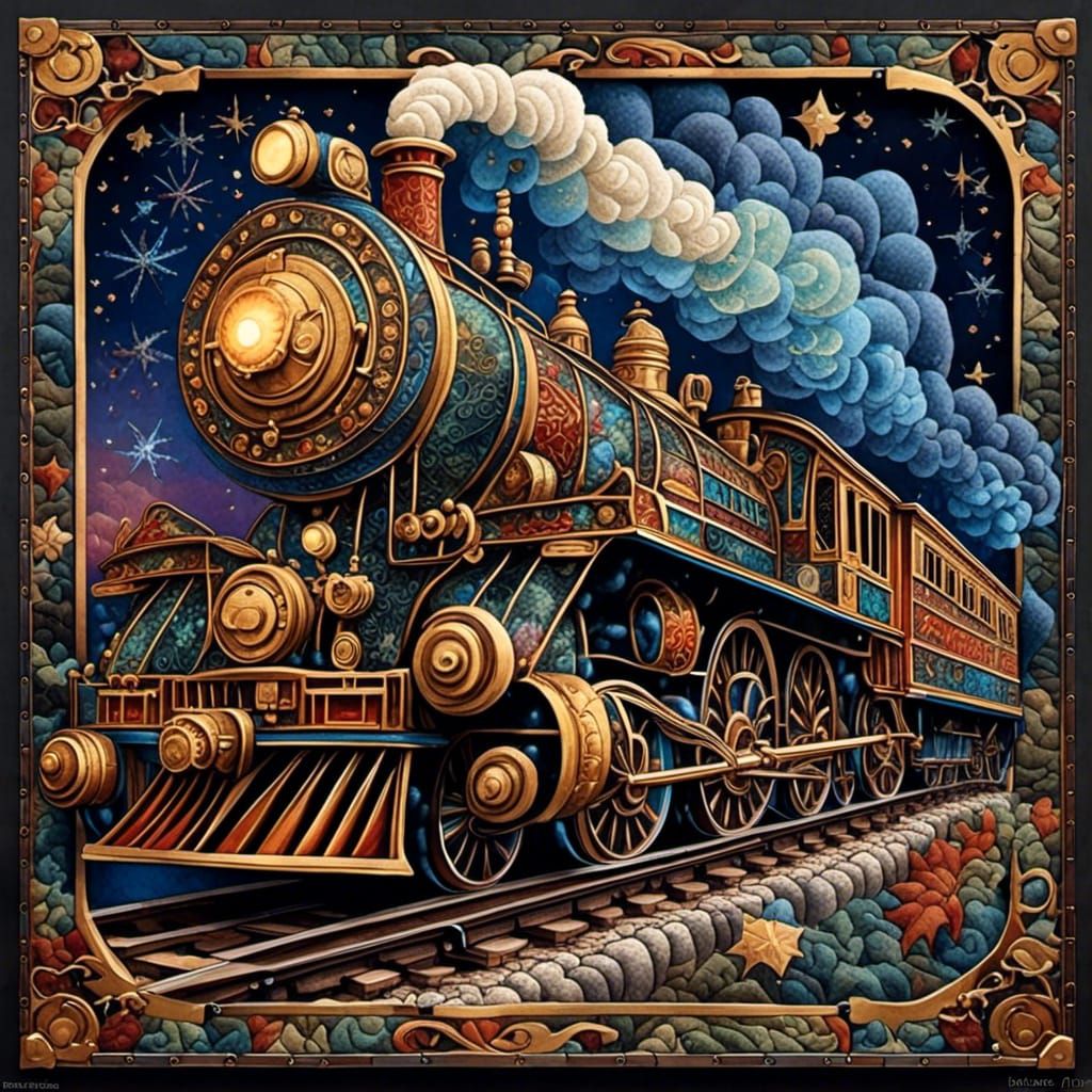 Charming Quilted Steampunk Train Illustration