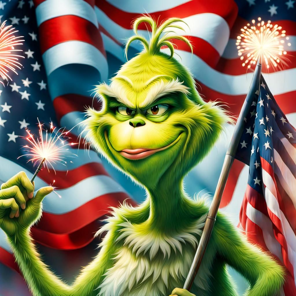 "Fourth of July! A racket loud,
With fireworks bursting from a cloud!
Parades and flags, a joyous sight,
But Grinch just...
