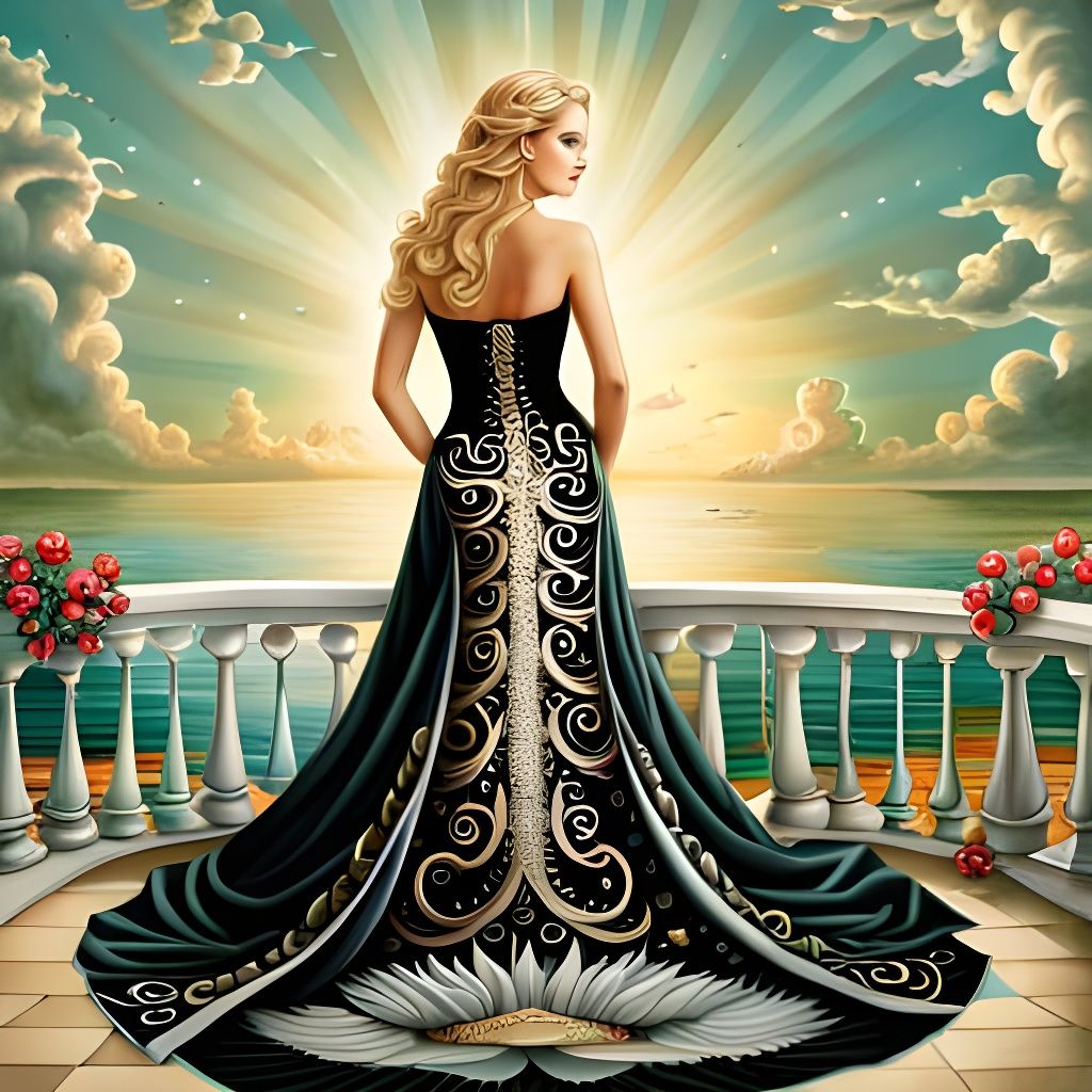 Elegant Woman in Snail Dress at Sunrise