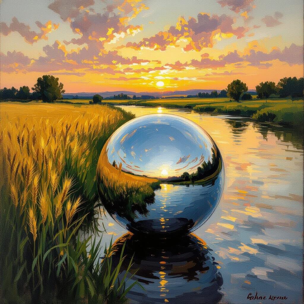 Silver Ball Reflects Sunset Riverbank in Impressionist Style
