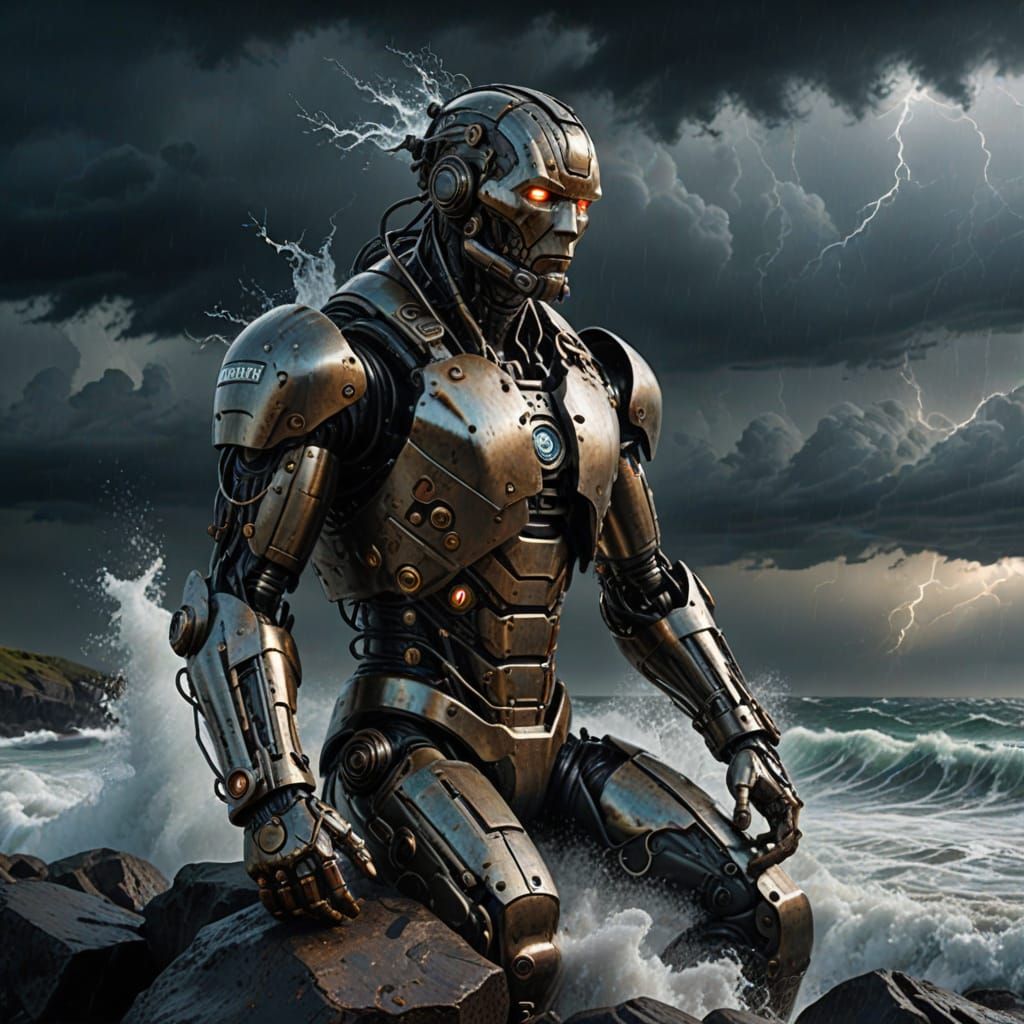 Cyborg Sculpture Gazing at Stormy Sea