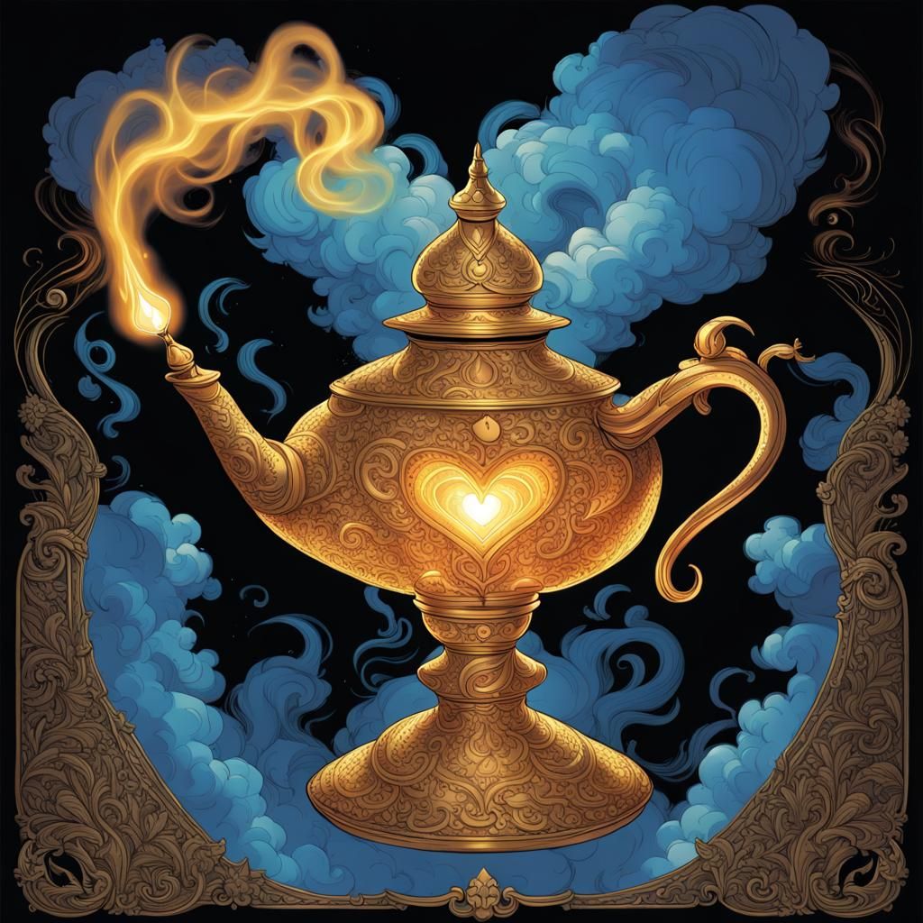 Golden Genie Lamp with Heart-Shaped Smoke Rings