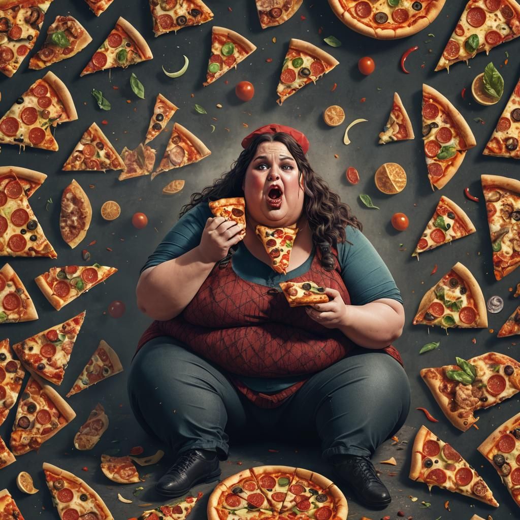 Plus-Size Woman Eating Pizza: Detailed Fantasy Art
