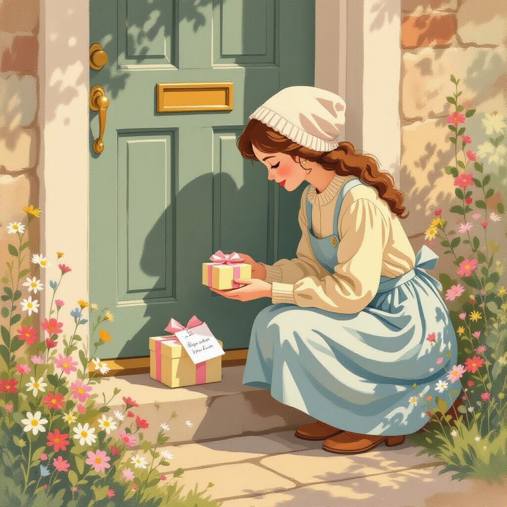 Surprise Gift on Doorstep in Storybook Style