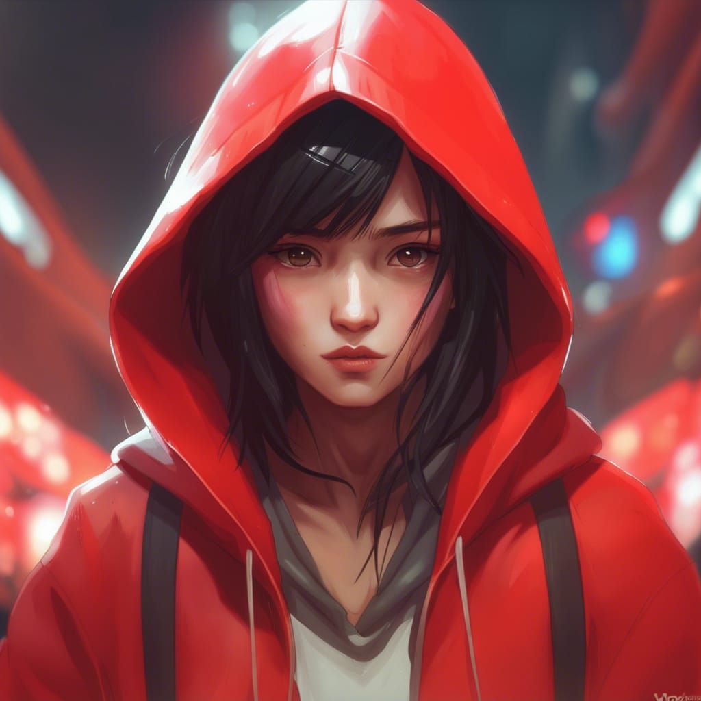 Chinese Girl in Red Hoodie, Digital Art